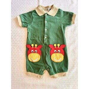 Vintage Specialty Kids Giraffe Romper‎ 18M Green Cotton Appliqué USA Made